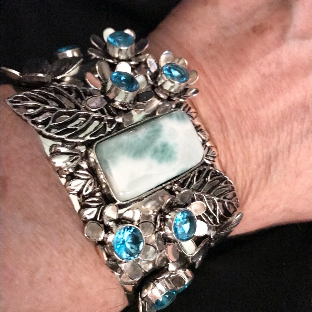 Larimar Blue Topaz Stamped Solid 925 Sterling Silver Cuff Bracelet
